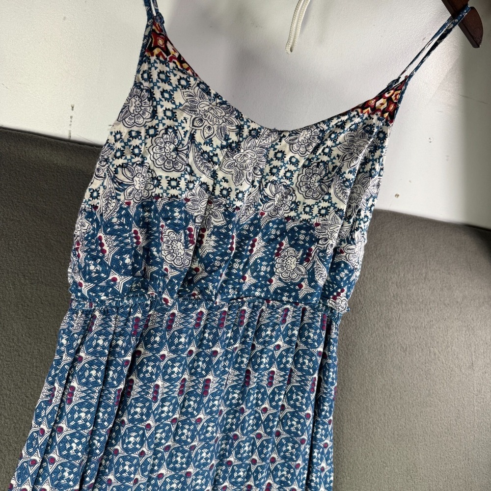 Angie Dress Women L Blue Floral Maxi Boho Cottage Garden Strap Rayon Geometric - Picture 2 of 10